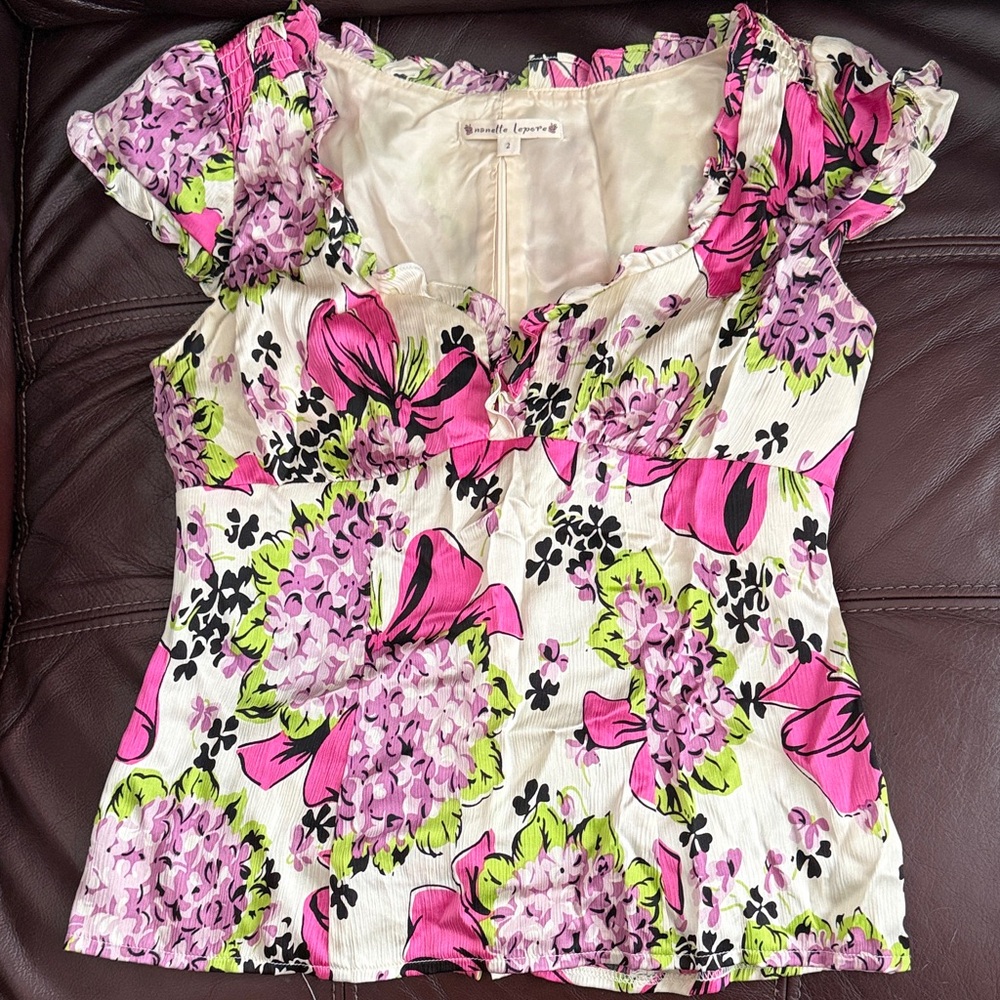 Nanette Lepore White Pink & Green Floral Cap-Sleeve Top